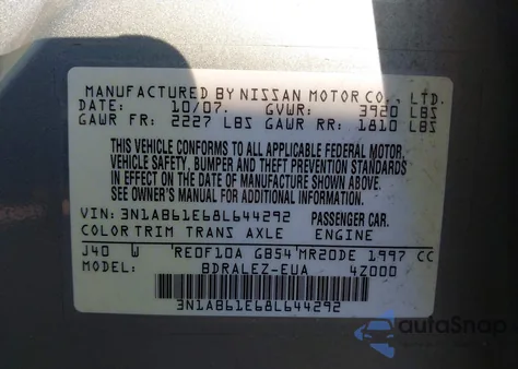 2008 Nissan Sentra 2.0/2.0S/2.0Sl z USA, uszkodzony, nr VIN 3N1AB61E68L644292